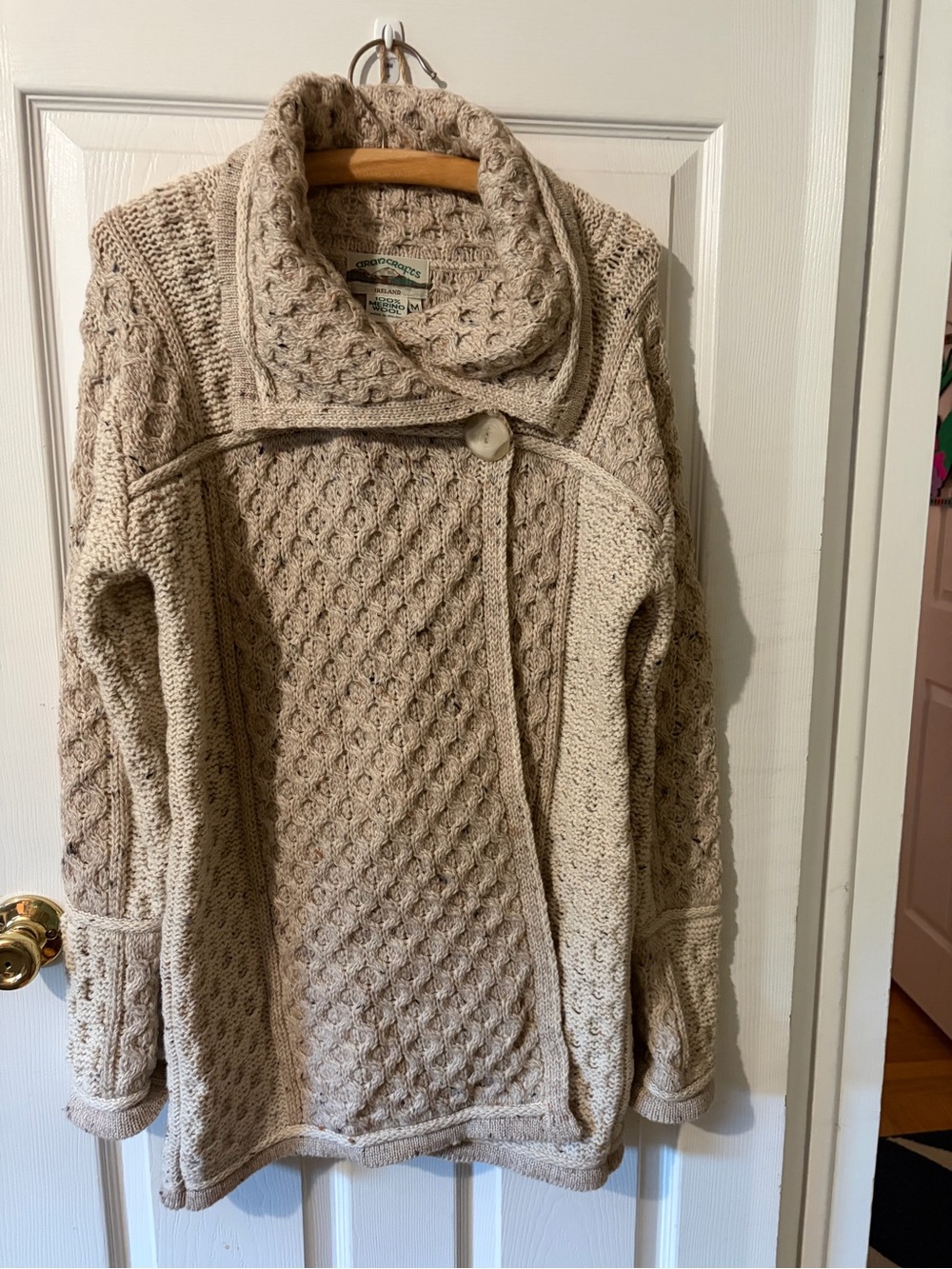 Aran Crafts Neutral Beige Cable Shawl-Collar Cardigan